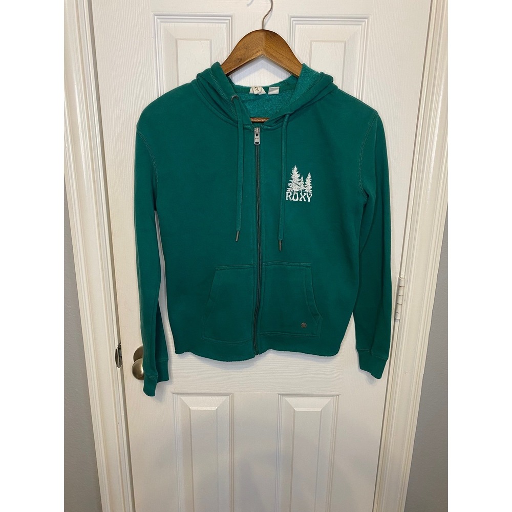 ROXY Womens XS Sweatshirt Full Zip Hoodie Green‎ Trees Mountains Graphic Y2K